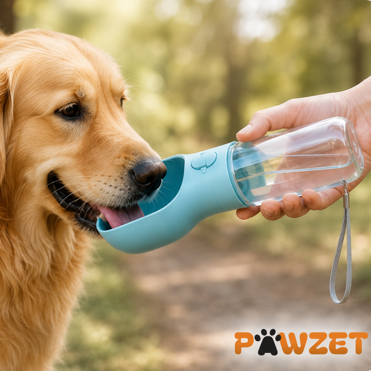 Dog drinking from a blue travel hydration bottle from pawzet
